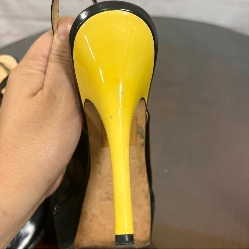 YSL Patent & Calf Leather peep toe sling back pumps 37 GUC sexy chic vintage